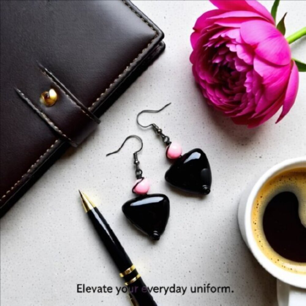 "Little Black Dress" Statement Earrings: Black Jasper & Pink Agate - Picture 3 of 10
